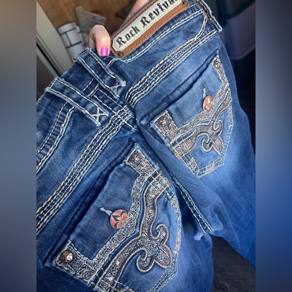 Rock Revival Dark Blue Embellished Jeans 27 Vaness Denim Rocker Casual Jeans